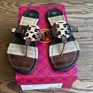 Tory Burch Miller Eel leather neutral stripe Sandals with Logo size 8.5